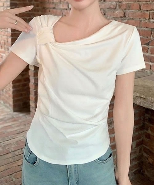 Pittok（ピットク）の「ギャザーリボン風 半袖Ｔシャツカットソー（Tシャツ/カットソー・レディース・ライトブルー/ホワイト・MEDIUM）」の5枚目の写真