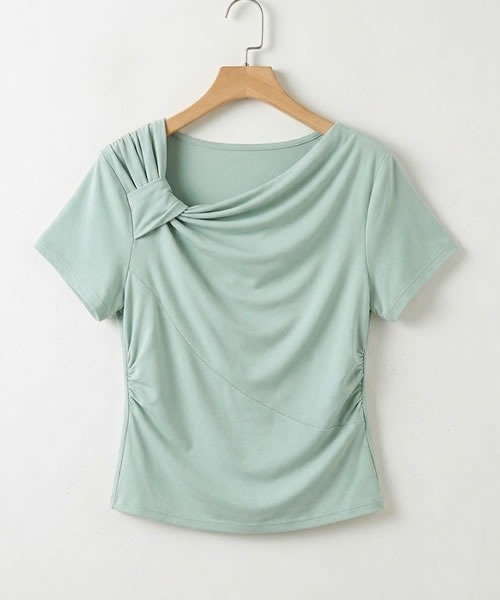 Pittok（ピットク）の「ギャザーリボン風 半袖Ｔシャツカットソー（Tシャツ/カットソー・レディース・ライトブルー/ホワイト・MEDIUM）」の8枚目の写真