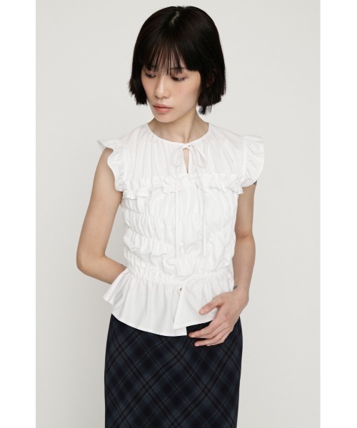 SLY（スライ）の「ASYMMETRY SHIRRING TOPS アシンメトリーシャーリングトップス 夏服 秋服（シャツ/ブラウス・レディース・ブラウン/ホワイト/スモークピンク/ブラック・FREE）」の5枚目の写真