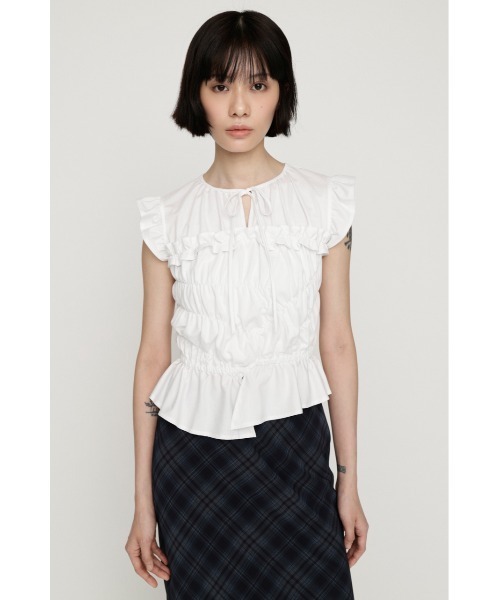 SLY（スライ）の「ASYMMETRY SHIRRING TOPS アシンメトリーシャーリングトップス 夏服 秋服（シャツ/ブラウス・レディース・ブラウン/ホワイト/スモークピンク/ブラック・FREE）」の7枚目の写真