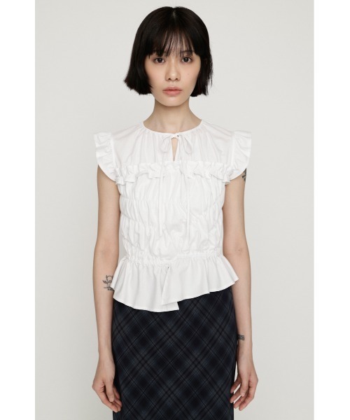 SLY（スライ）の「ASYMMETRY SHIRRING TOPS アシンメトリーシャーリングトップス 夏服 秋服（シャツ/ブラウス・レディース・ブラウン/ホワイト/スモークピンク/ブラック・FREE）」の8枚目の写真