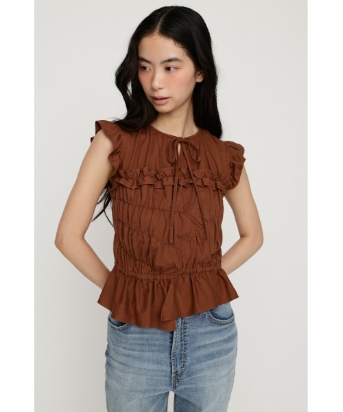 SLY（スライ）の「ASYMMETRY SHIRRING TOPS アシンメトリーシャーリングトップス 夏服 秋服（シャツ/ブラウス・レディース・ブラウン/ホワイト/スモークピンク/ブラック・FREE）」の19枚目の写真