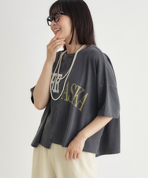 Right-on(ライトオン)の「切替プリントTシャツ(Tシャツ/カットソー・レディース・カーキ/チャコールグレー/アイボリー・05/04)」の2枚目の写真