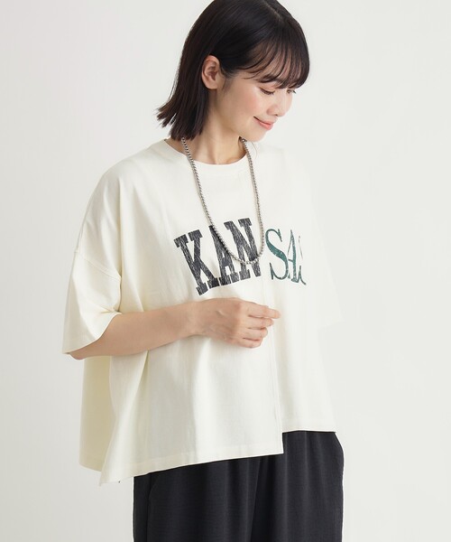 Right-on(ライトオン)の「切替プリントTシャツ(Tシャツ/カットソー・レディース・カーキ/チャコールグレー/アイボリー・05/04)」の1枚目の写真