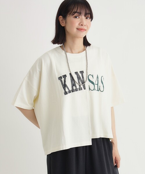 Right-on(ライトオン)の「切替プリントTシャツ(Tシャツ/カットソー・レディース・カーキ/チャコールグレー/アイボリー・05/04)」の4枚目の写真
