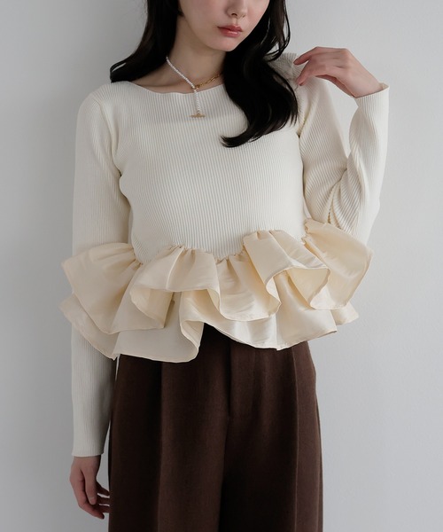AMUU. PRECIEUSE（アムープレシューズ）の「フリルティアードドッキングニット（ニット/セーター・レディース・ブラック/グレー/アイボリー・FREE）」の9枚目の写真