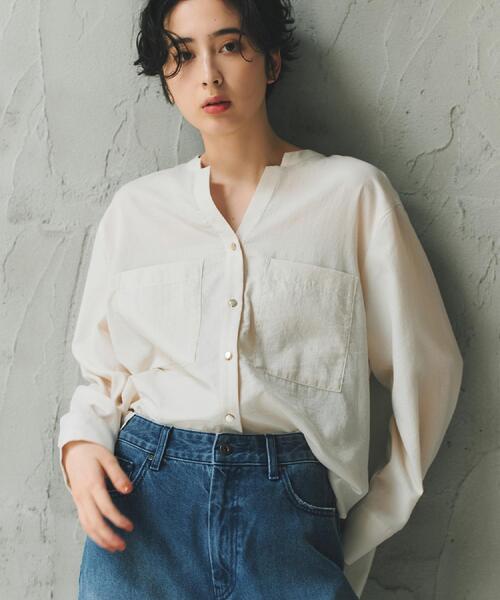 THE SHOP TK (ザ ショップ ティーケー )の「【刻みネックですっきり見え】Wポケット金ボタンシャツ(シャツ/ブラウス・レディース・ブラウン系その他/グリーン/アイボリー/スミクロ・13/12/14)」の5枚目の写真