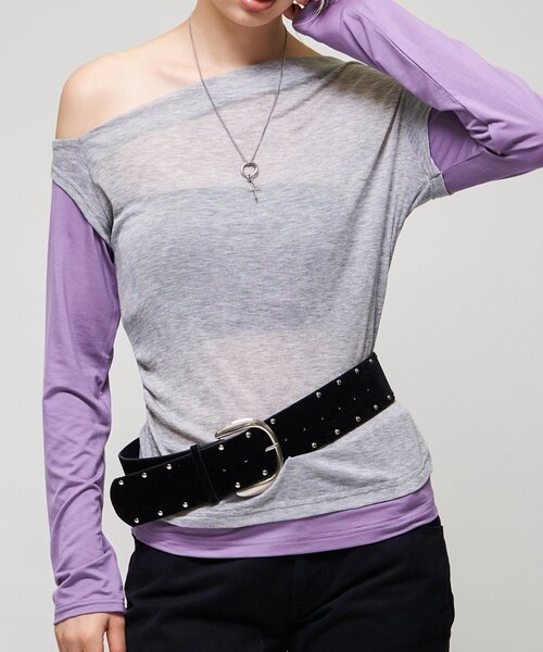 WHO'S WHO gallery(フーズフーギャラリー)の「レイヤードオフショルTEE(Tシャツ/カットソー・レディース・イエロー/ブラウン/グレー・FREE)」の1枚目の写真