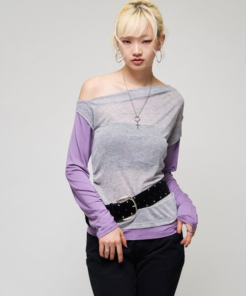 WHO'S WHO gallery(フーズフーギャラリー)の「レイヤードオフショルTEE(Tシャツ/カットソー・レディース・イエロー/ブラウン/グレー・FREE)」の4枚目の写真