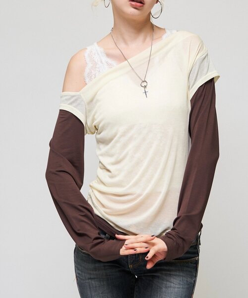 WHO'S WHO gallery(フーズフーギャラリー)の「レイヤードオフショルTEE(Tシャツ/カットソー・レディース・イエロー/ブラウン/グレー・FREE)」の20枚目の写真