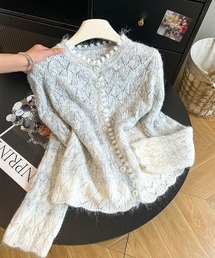 グラデーション クロシェ編み ウール ニットカーディガン