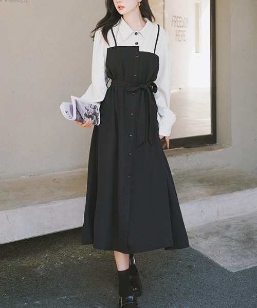 AMAJI(アマジ)の「レイヤード風 キャミソールワンピース(ワンピース・レディース・ブラック・X-LARGE/LARGE/MEDIUM)」の1枚目の写真