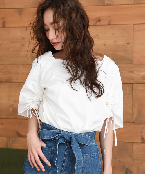 Luz Llena（ラズレナ）の「[綿100%]シャーリングスリーブコットンブラウス（Tシャツ/カットソー・レディース・レッド/オフホワイト・MEDIUM）」の11枚目の写真