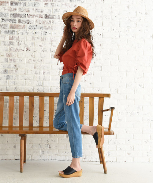 Luz Llena（ラズレナ）の「[綿100%]シャーリングスリーブコットンブラウス（Tシャツ/カットソー・レディース・レッド/オフホワイト・MEDIUM）」の14枚目の写真