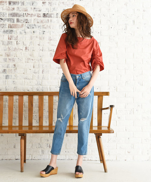 Luz Llena（ラズレナ）の「[綿100%]シャーリングスリーブコットンブラウス（Tシャツ/カットソー・レディース・レッド/オフホワイト・MEDIUM）」の15枚目の写真