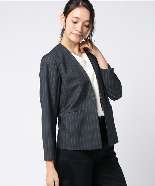 ottilie（オティーリエ）の「ストライプジャケット（ノーカラージャケット・レディース・ブラック/チャコールグレー・FREE）」の16枚目の写真