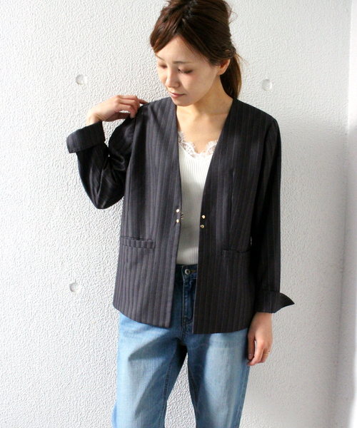ottilie（オティーリエ）の「ストライプジャケット（ノーカラージャケット・レディース・ブラック/チャコールグレー・FREE）」の19枚目の写真