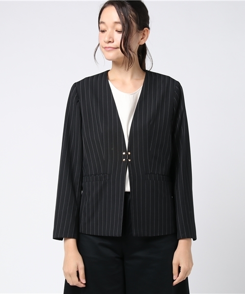 ottilie（オティーリエ）の「ストライプジャケット（ノーカラージャケット・レディース・ブラック/チャコールグレー・FREE）」の6枚目の写真