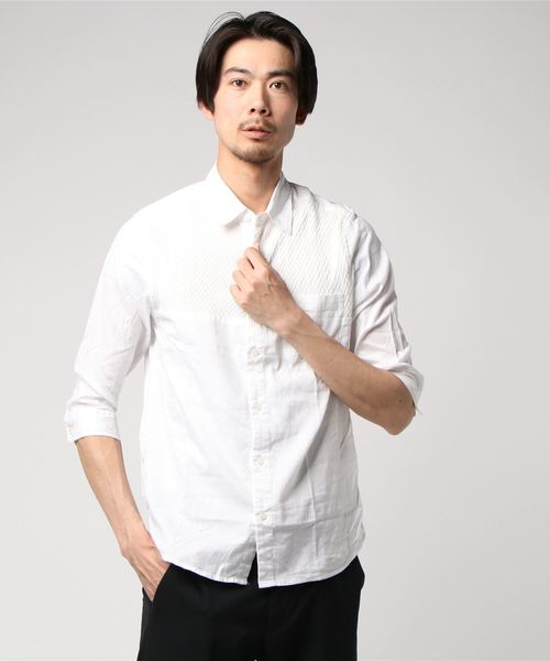 Taka Q タカキュー の タカキューメンズ Taka Q Men ヘリンボーンニット切替レギュラーカラー７分袖シャツ 白 ネイビー シャツ ブラウス Wear