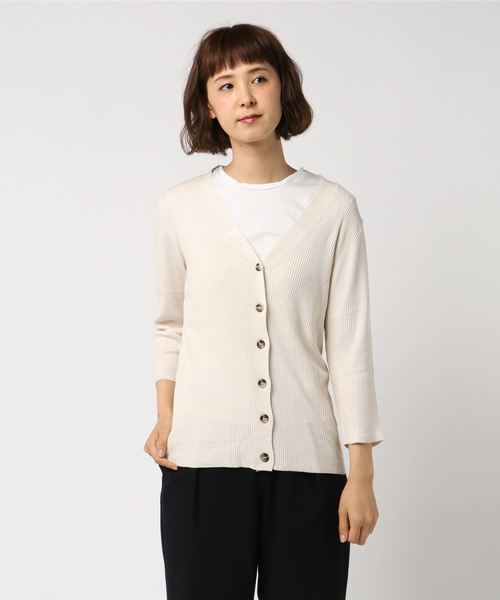 AMERICAN HOLIC（アメリカンホリック）の「・リブVネックカーディガン＊（カーディガン/ボレロ・レディース・ネイビー/グリーン/ピンク/モカ/その他7/ブラック/イエロー/ライトベージュ・M/L）」の4枚目の写真