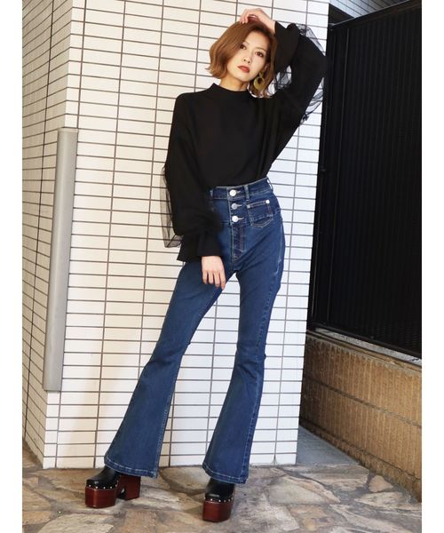 EMODA新作 フレアデニムパンツ ハイウエスト デニムブルー エモダ EMODA サイドオープンハイウエストフレアジーンズ