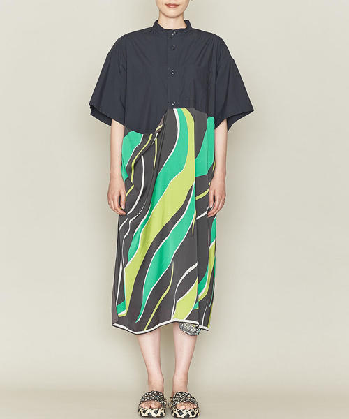 ASTRAET（アストラット）の「ASTRAET（アストラット）プリントコンビ スタンドカラー ワンピース（シャツワンピース・レディース・ブラック/ネイビー・FREE）」の12枚目の写真