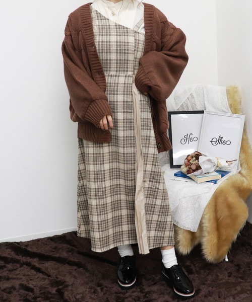 PairPair（ペアペア）の「チェック柄プリーツ切替ワンショル風2WAYワンピース（ワンピース・レディース・ベージュ/ブラウン系その他・FREE）」の3枚目の写真