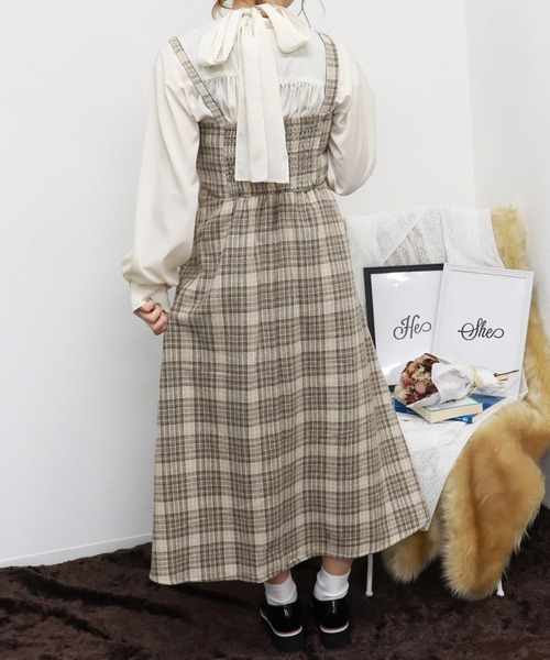 PairPair（ペアペア）の「チェック柄プリーツ切替ワンショル風2WAYワンピース（ワンピース・レディース・ベージュ/ブラウン系その他・FREE）」の6枚目の写真