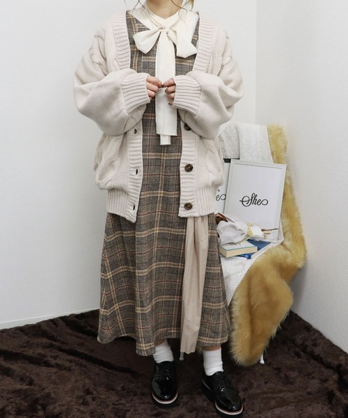 PairPair（ペアペア）の「チェック柄プリーツ切替ワンショル風2WAYワンピース（ワンピース・レディース・ベージュ/ブラウン系その他・FREE）」の7枚目の写真