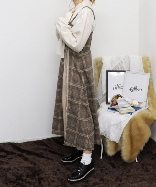 PairPair（ペアペア）の「チェック柄プリーツ切替ワンショル風2WAYワンピース（ワンピース・レディース・ベージュ/ブラウン系その他・FREE）」の9枚目の写真