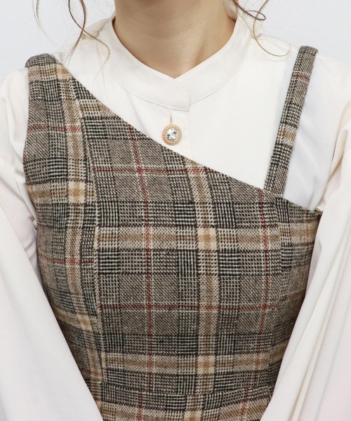 PairPair（ペアペア）の「チェック柄プリーツ切替ワンショル風2WAYワンピース（ワンピース・レディース・ベージュ/ブラウン系その他・FREE）」の11枚目の写真