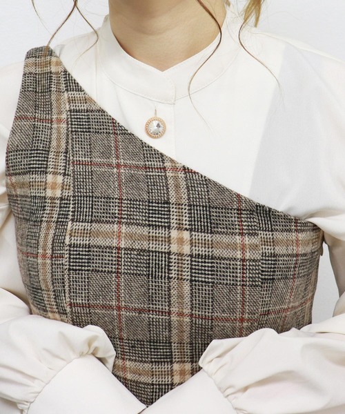 PairPair（ペアペア）の「チェック柄プリーツ切替ワンショル風2WAYワンピース（ワンピース・レディース・ベージュ/ブラウン系その他・FREE）」の12枚目の写真