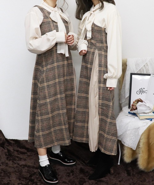 PairPair（ペアペア）の「チェック柄プリーツ切替ワンショル風2WAYワンピース（ワンピース・レディース・ベージュ/ブラウン系その他・FREE）」の18枚目の写真