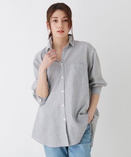 SHOO・LA・RUE(シューラルー)の「◆【S-3L】フレンチリネン前開きシャツ(シャツ/ブラウス・レディース・ホワイト系/ベージュ系1/ベージュ/ネイビー系2/グレー系その他3/ピンク系/ブラック系1/マスタード/ベージュ系2/ライトオレンジ系/オリーブ/グリーン系その他4/ネイビー/ブルー/チャコールグレー・01/02/03/04/05)」の5枚目の写真