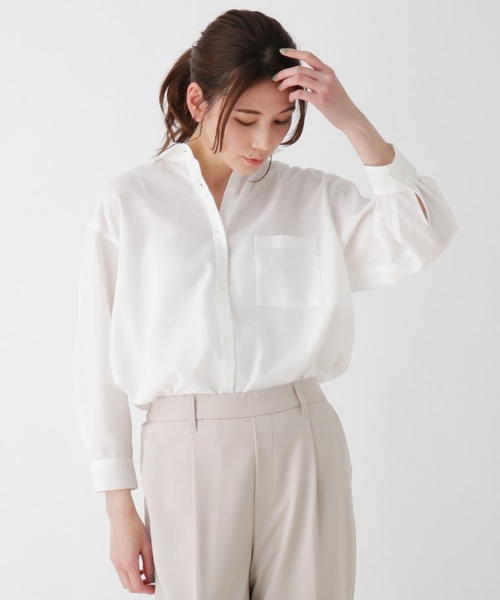 SHOO・LA・RUE(シューラルー)の「◆【S-3L】フレンチリネン前開きシャツ(シャツ/ブラウス・レディース・ホワイト系/ベージュ系1/ベージュ/ネイビー系2/グレー系その他3/ピンク系/ブラック系1/マスタード/ベージュ系2/ライトオレンジ系/オリーブ/グリーン系その他4/ネイビー/ブルー/チャコールグレー・01/02/03/04/05)」の19枚目の写真