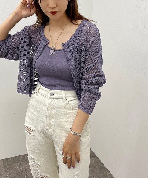 apres jour mignon（アプレジュールミニョン）の「メッシュカーディガン＋キャミＳＥＴ【ZOZOTOWN限定アイテム】（カーディガン/ボレロ・レディース・グリーン/パープル/ブラック/アイボリー・X-LARGE/フリー）」の4枚目の写真