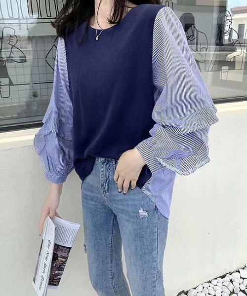Bifrost(ビフレスト)の「ストライプドッキングプルオーバー(Tシャツ/カットソー・レディース・ブラック/ブルー・F)」の2枚目の写真