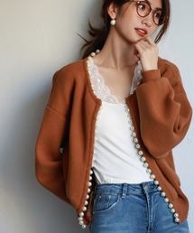 パールビジューボタンレスニットカーディガン