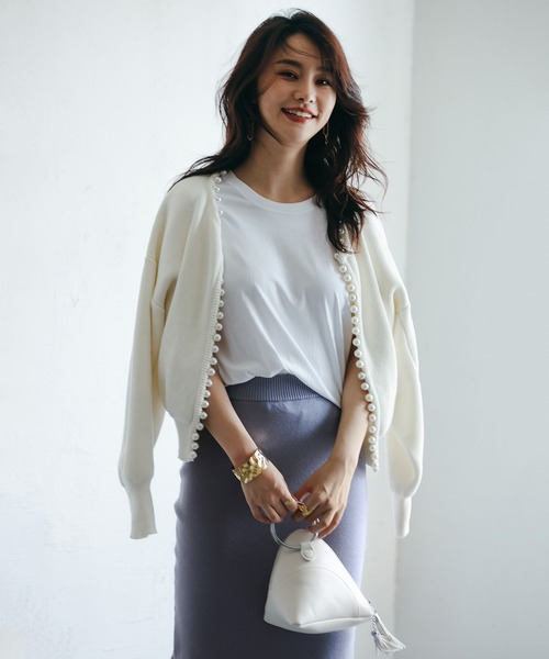 パールビジューボタンレスニットカーディガン