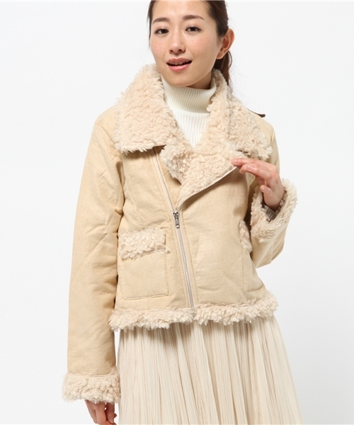 OUTLET（アウトレット）の「【goocy】フェイクムートンライダースジャケット（ライダースジャケット・レディース・ライトベージュ/ブラック/ミント・FREE）」の2枚目の写真