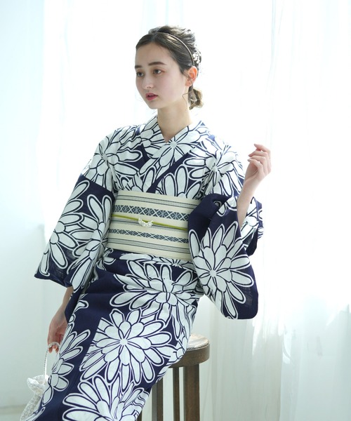 注染浴衣3点セット　藍色にモダン菊