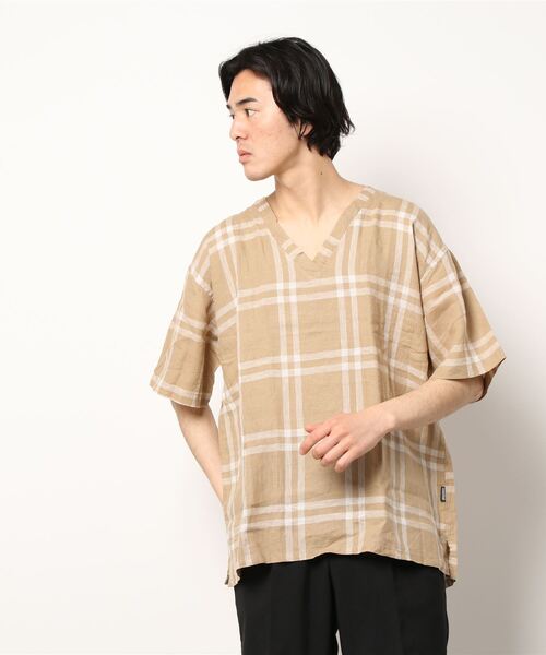 MANASTASH（マナスタッシュ）の「MANASTASH/マナスタッシュ　LINEN CHECK PULLOVER SS SHIRTS　リネンチェックプルオーバーショートスリーブシャツ（シャツ/ブラウス・メンズ・ベージュ/ネイビー・LARGE/MEDIUM）」の2枚目の写真