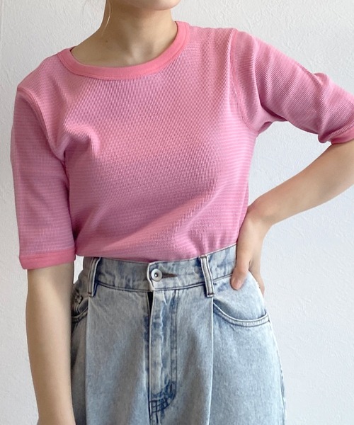 w closet(ダブルクローゼット)の「テレコボーダークルーネックプルオーバー(Tシャツ/カットソー・レディース・ピンク/ブルー系その他/ブラック×ホワイト・FREE)」の1枚目の写真