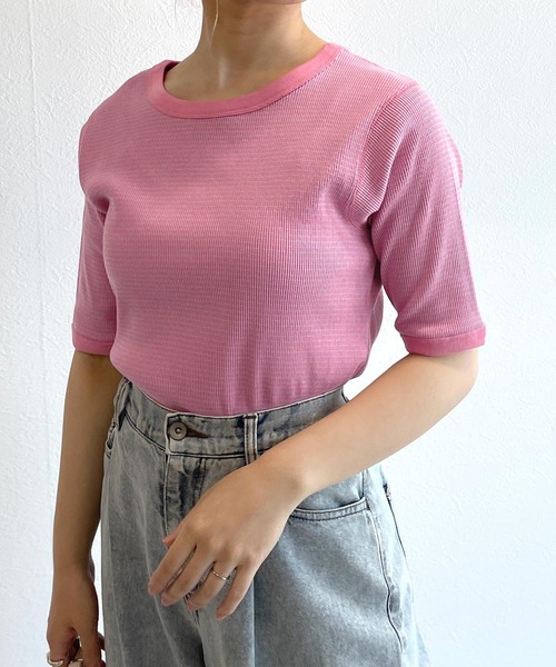 w closet(ダブルクローゼット)の「テレコボーダークルーネックプルオーバー(Tシャツ/カットソー・レディース・ピンク/ブルー系その他/ブラック×ホワイト・FREE)」の5枚目の写真