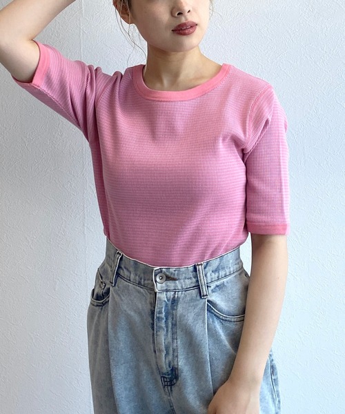 w closet(ダブルクローゼット)の「テレコボーダークルーネックプルオーバー(Tシャツ/カットソー・レディース・ピンク/ブルー系その他/ブラック×ホワイト・FREE)」の8枚目の写真