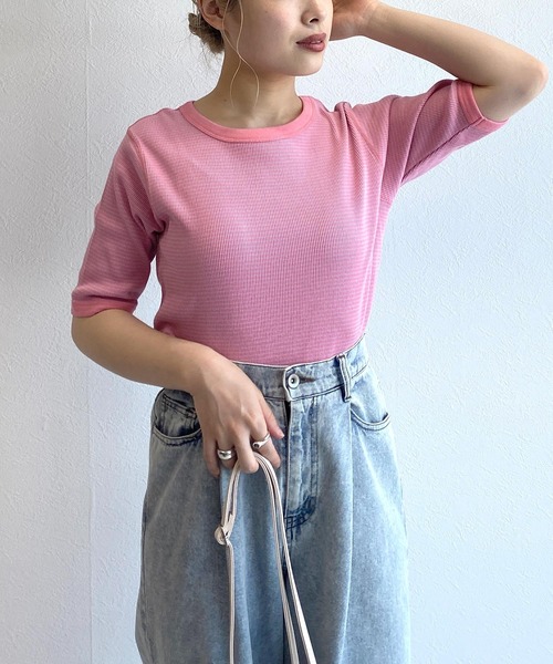 w closet(ダブルクローゼット)の「テレコボーダークルーネックプルオーバー(Tシャツ/カットソー・レディース・ピンク/ブルー系その他/ブラック×ホワイト・FREE)」の11枚目の写真