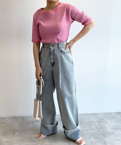 w closet(ダブルクローゼット)の「テレコボーダークルーネックプルオーバー(Tシャツ/カットソー・レディース・ピンク/ブルー系その他/ブラック×ホワイト・FREE)」の12枚目の写真