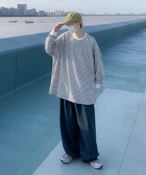 almo(アルモ)の「オーバーサイズボーダーロンTee(NEZ)(Tシャツ/カットソー・レディース・ホワイト/ネイビー・XX-LARGE)」の3枚目の写真