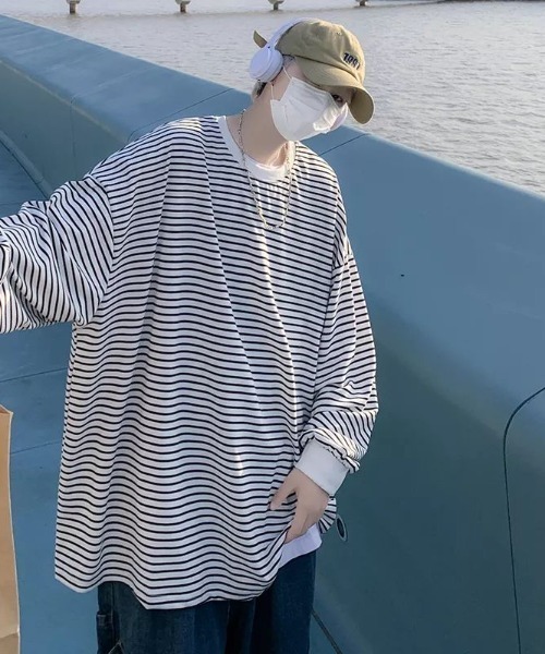 almo(アルモ)の「オーバーサイズボーダーロンTee(NEZ)(Tシャツ/カットソー・レディース・ホワイト/ネイビー・XX-LARGE)」の7枚目の写真