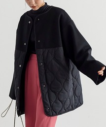 フェイクウール×中綿キルティングノーカラーコート